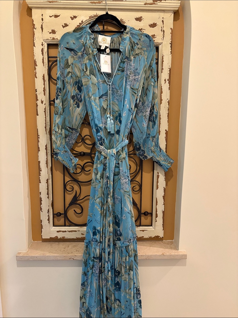 Nicoblu NWT Blue Floral Maxi Dress with Self-Tie Belt